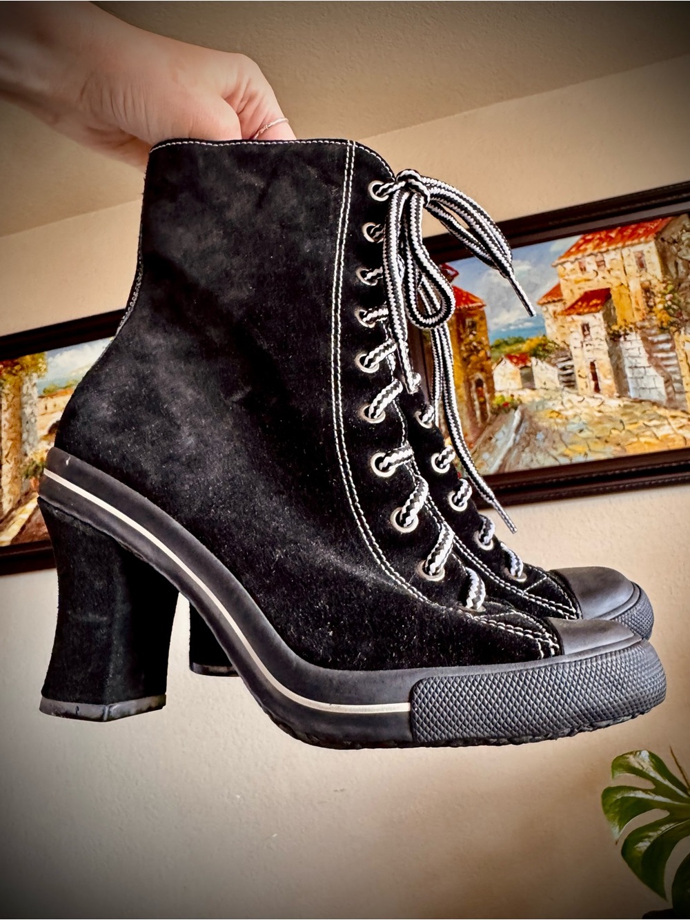 Vintage Suede Leather Lace Up Heeled Boots Bakers Kassie 6 Black White Contrast